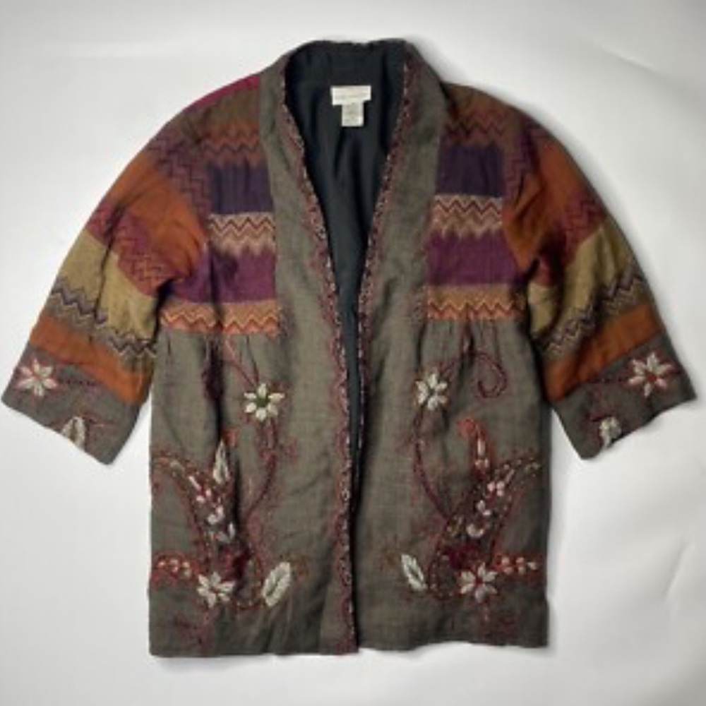 Soft Surroundings Burgundy and Olive embroidered wool kimono style